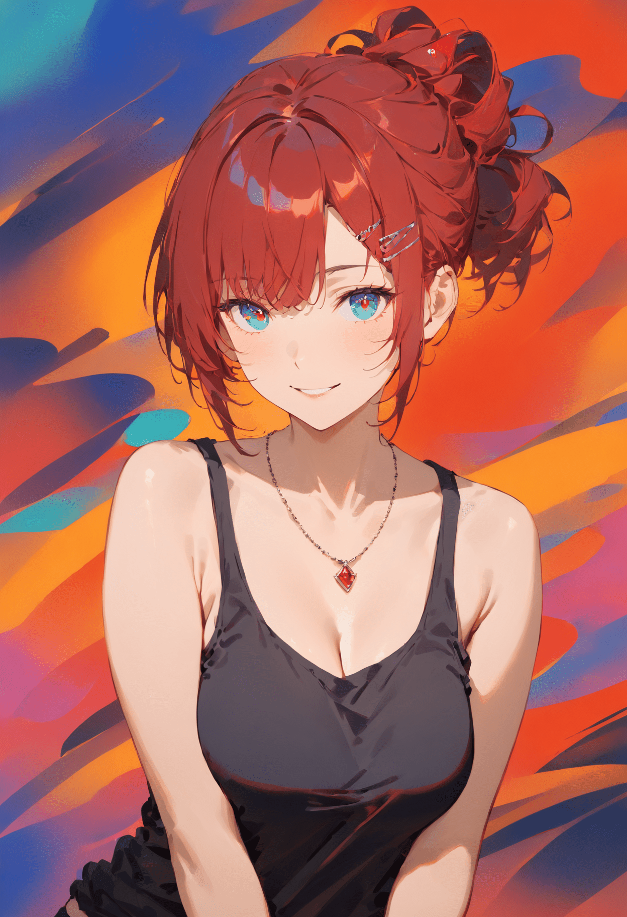 1girl, solo, mature, intense crimson hair, short hair, tied up hair, bangs, hair clip, hair ornament, beautiful eyes, detailed eyes, blue marine eyes, bare shoulders, collarbone, tank top, ruby necklace, upper body, smile, abstract background, warm colors, masterpiece, best quality, absurdes,