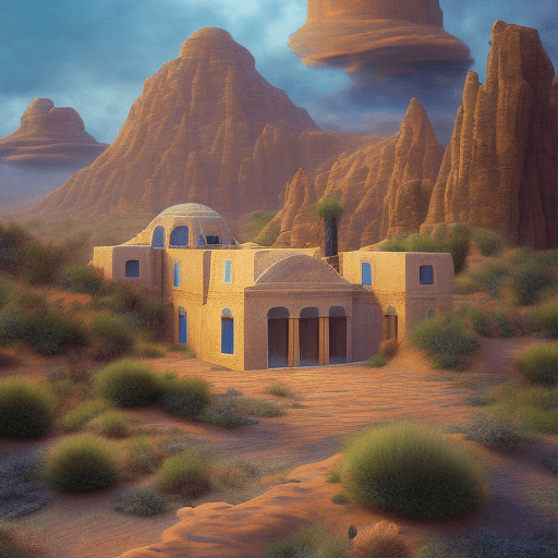 A desert where one house stands, in front of, extreme long shot, pictures of beautiful backgrounds where space plants grow in hyperrealistic, cinematic, rich colors and pastel tones. You have to be symmetrical, creative, and feel like a greek mural, add glittering stars and planets, geometrically, completely left-right symmetrical, the composition, color, and cinematic expression are wes anderson style