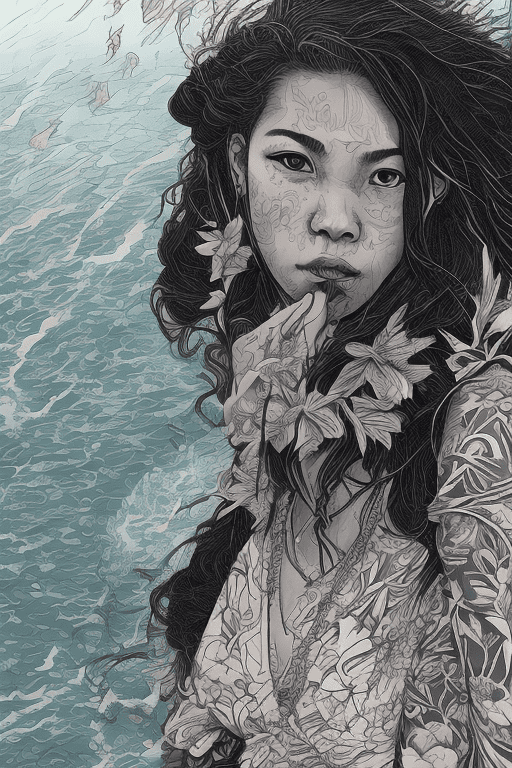 A portrait of a hawaiian girl, beach, dawn, traditional outfit| centered| intricate| highly detailed| breathtaking beauty| precise lineart| vibrant| comprehensive cinematic| 8k, hdr, laurie greasley, james jean, tiki