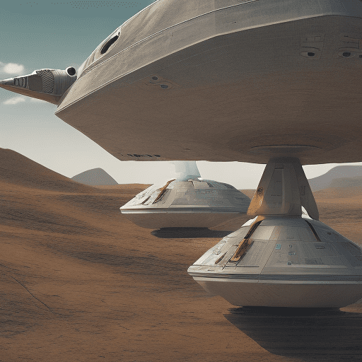 A spaceship , spacecraft preparing to rise from the ground to the sky, over the desert, pastel tones, extreme long shots, left and right symmetry
