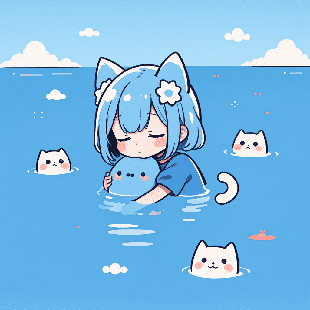 Best quality, (limited palette,gouache (medium) :1. 1), sky blue theme, (solo,chibi:1. 2) , cat ears, closed eyes, hugging cat, (partially submerged:1. 1) , outdoors, landscape, scenery, (reflective water:0. 9) ,