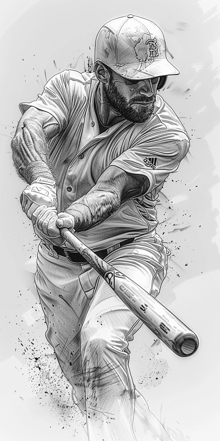 Line art drawing showing a face hitting a ball with a baseball bat, wearing a white jersey and cap, in the style of chris aronodale, with a cartoon style, thick lines, low detail black ink on a solid white background, no shading, vector design, as a coloring book illustration --ar 1:2 --stylize 750