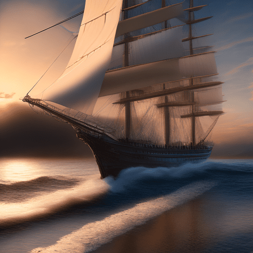 Photo of a ultra realistic sailing ship, dramatic light, pale sunrise, cinematic lighting, battered, low angle, 4k, hyper realistic, focused, extreme details, cinematic, masterpiece, intricate artwork by john william turner