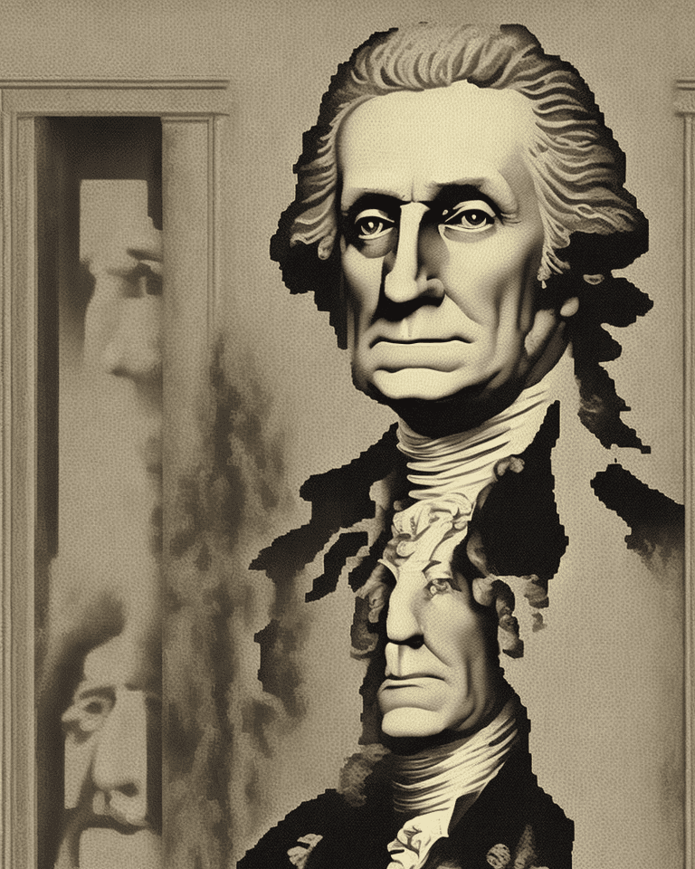 Pixelated image of george washington, in the style of 'lincoln in dalivision' by salvador dali, with a person looking standing in an open doorway which makes up part of the face.