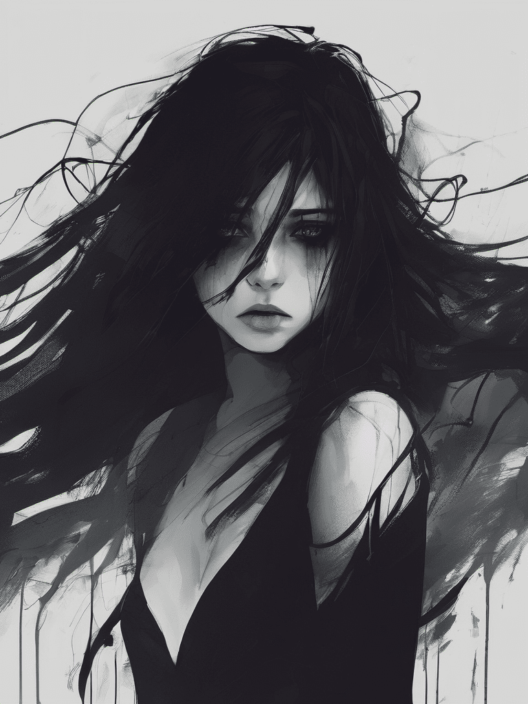 Dark, a gothic 17yo girl, demon eyes, long mess hair, disfigured, brutal, scary horror, depressed, jaded, visually captivating, emotional, psycho, gloomy, dramatic, 4k, high quality, hd wallpaper
