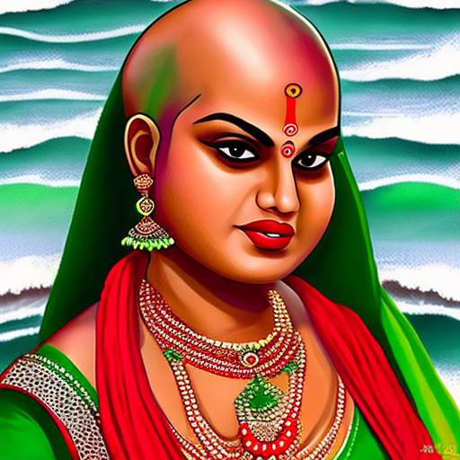 A 25 year south indian medium chubby women, she is looking very beautiful, ((she is shaved her head) ), traditional culture, standing position, background beach, she wears green saree with long hands blouse fit dress, red lips, white skin tone, rubbing bald herself, full length view, she wears also earrings, nose ring, bangles, realistic, cool colors, realism, dslr camera, hdr, 4k, ultra clear details,