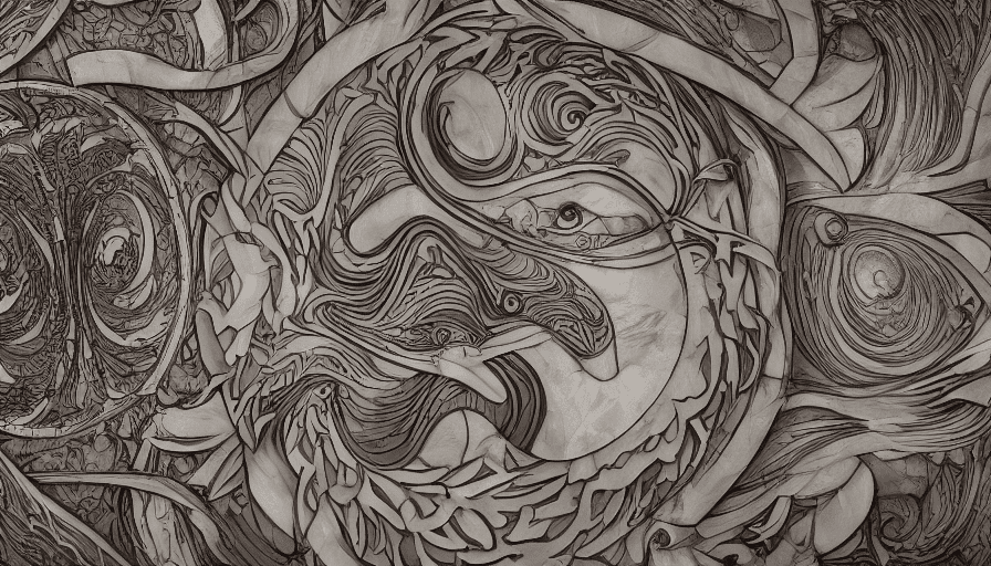 Wide image of a mural that blends intricate woodwork design with cinema4d rendering. It features a dark jems bnond (007) on the moon's surface, with haunting shadows around. The artwork is influenced by pop culture, manga, and has a paper-like texture.