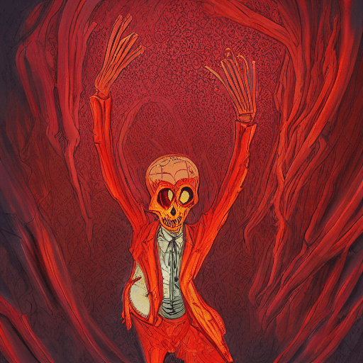 A tall tango dancing rotting red skeleton dressed in a long orange leather coat and lace dancing like fred astaire has a long hole in his elegant, mystical, esoteric translucent skull, intricate cinematic lighting, complex, octane, vibrant colors of subtle hues of pink and light blue, background is a castle, ground is textured like the surface of mars and full of huge dead birds, the moon throws shadows on the ground in front of it. 10 bats fly across the sky