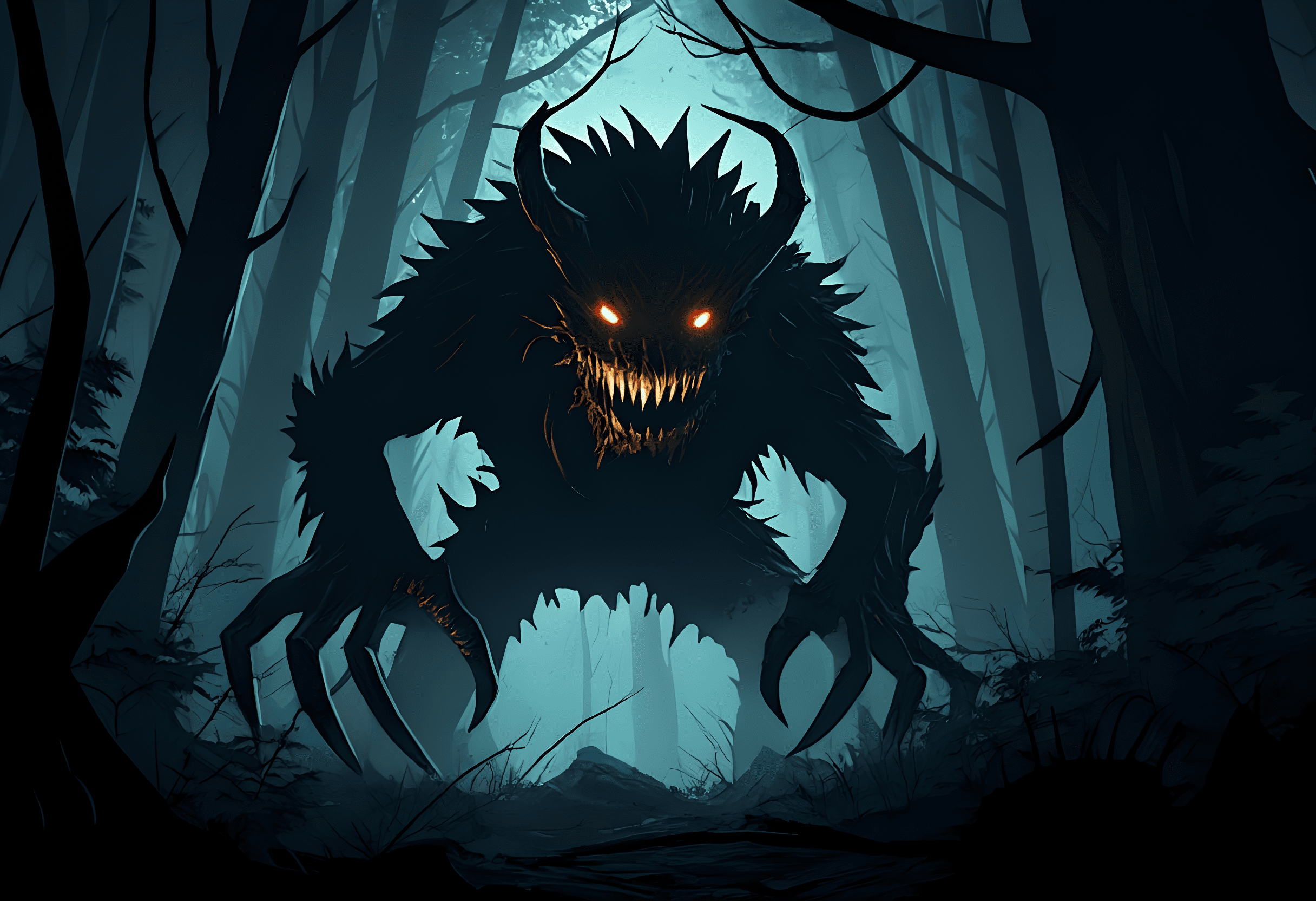 Terrifying cartoon monster lurking in a dark, foreboding forest, cinematic and dramatic composition, bold cel-shaded rendering, ominous lighting and atmosphere, horrific and haunting details, exaggerated features, sharp teeth and claws, environmental storytelling, concept art, horror-inspired