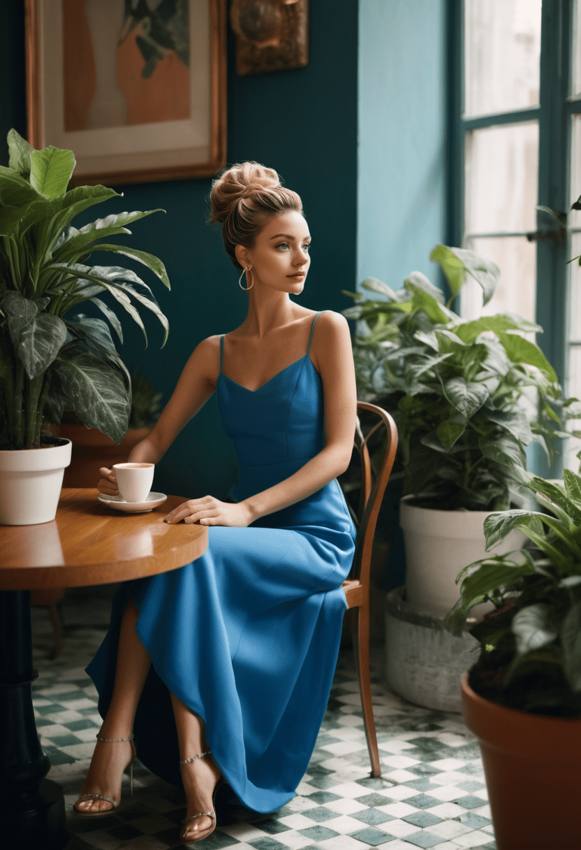 Photograph of a woman with (twisted updo:1. 1) , wearing a spaghetti strap blue dress, side view, high slit, exquisite textured fabric, hoop earrings, bracelet, indoor room, potted plants, textured floor, sitting on a chair, leaning forward, holding a cup of coffee, looking at the viewer, complementary color palette, cinematic lighting