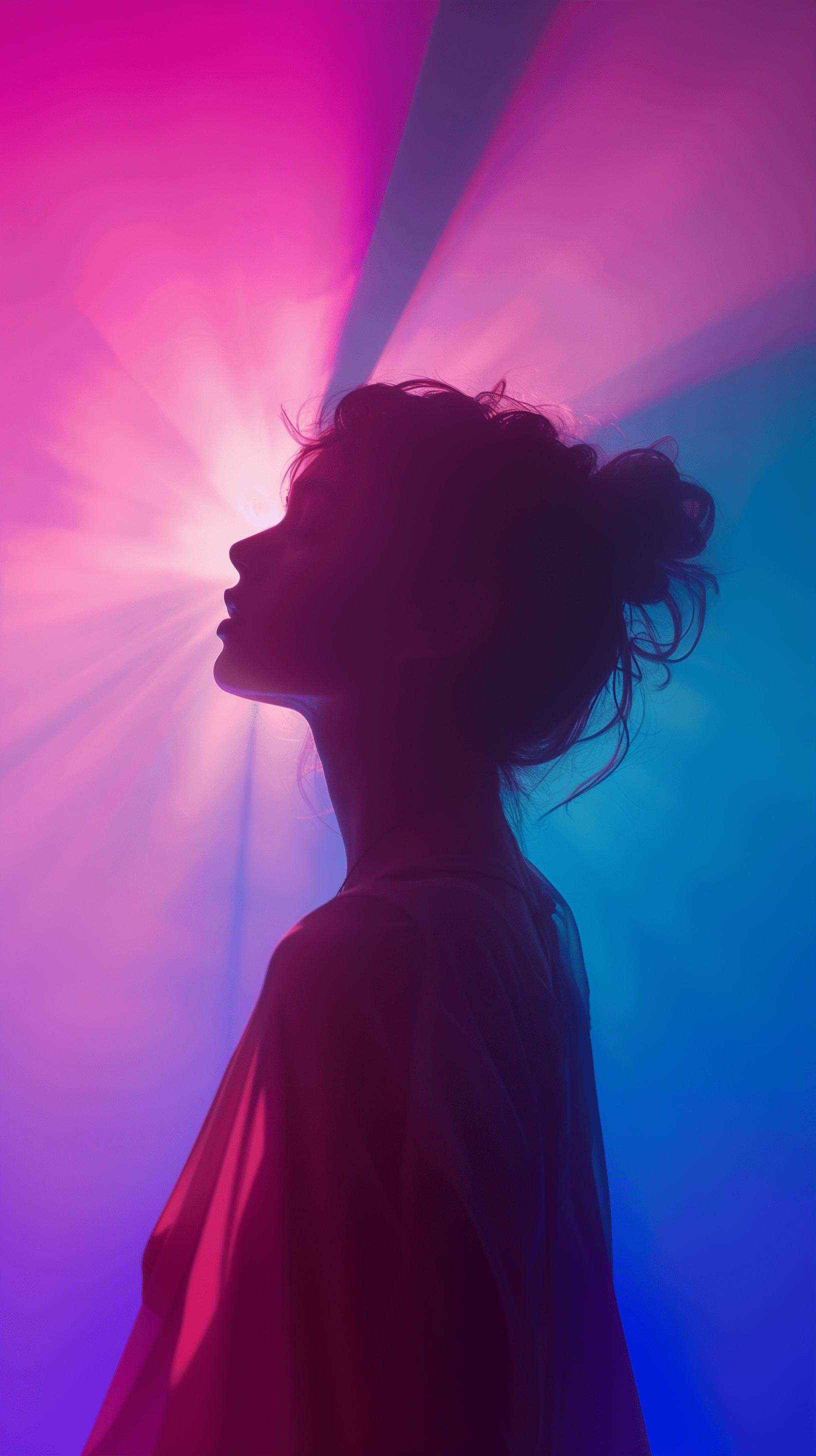 Silhouette of a woman against a backlight, backlight casting vibrant shades of soft blue and pink, adding a surreal, dream-like quality to the image, woman's profile highlighted by the colorful glow, wearing a flowing, ethereal garment, photorealisic, uhd resolution, rich detail --ar 9:16