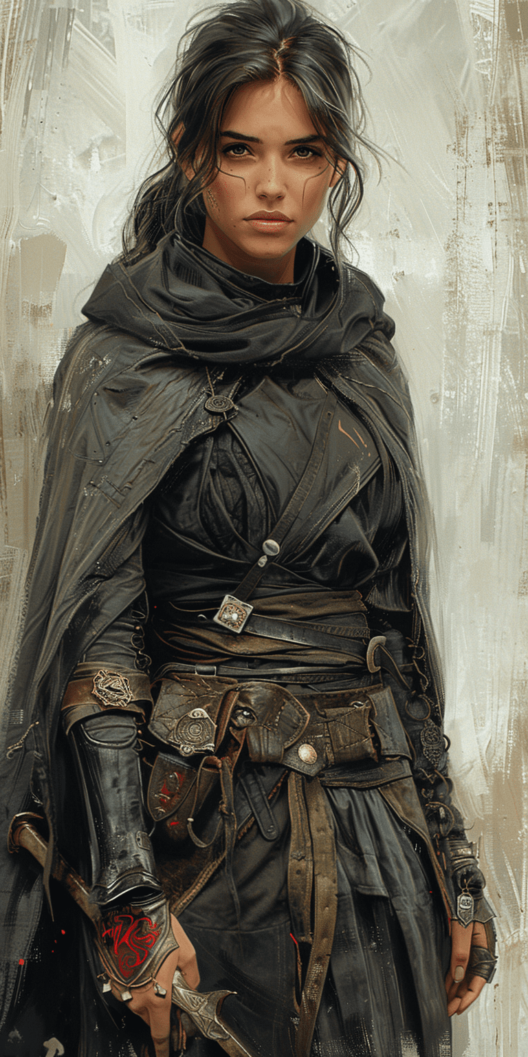 D&d character art of a female elf with dark hair and grey skin, wearing black leather armor and a long cloak, holding a large staff weapon, tattoos on face and body, full-body shot, white background --ar 1:2 --stylize 750