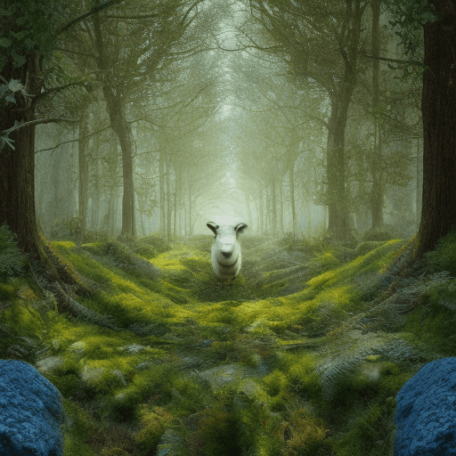 A beautiful forest mixed urban, a sheep is looking back in the center. With a two-point perspective *very extreme long shot, pictures of beautiful backgrounds where space plants grow in hyperrealistic, cinematic, rich colors and pastel tones. You have to be symmetrical, creative, and feel like a greek mural, add glittering stars and planets, geometrically, completely left-right symmetrical, the composition, color, and cinematic expression are wes anderson style