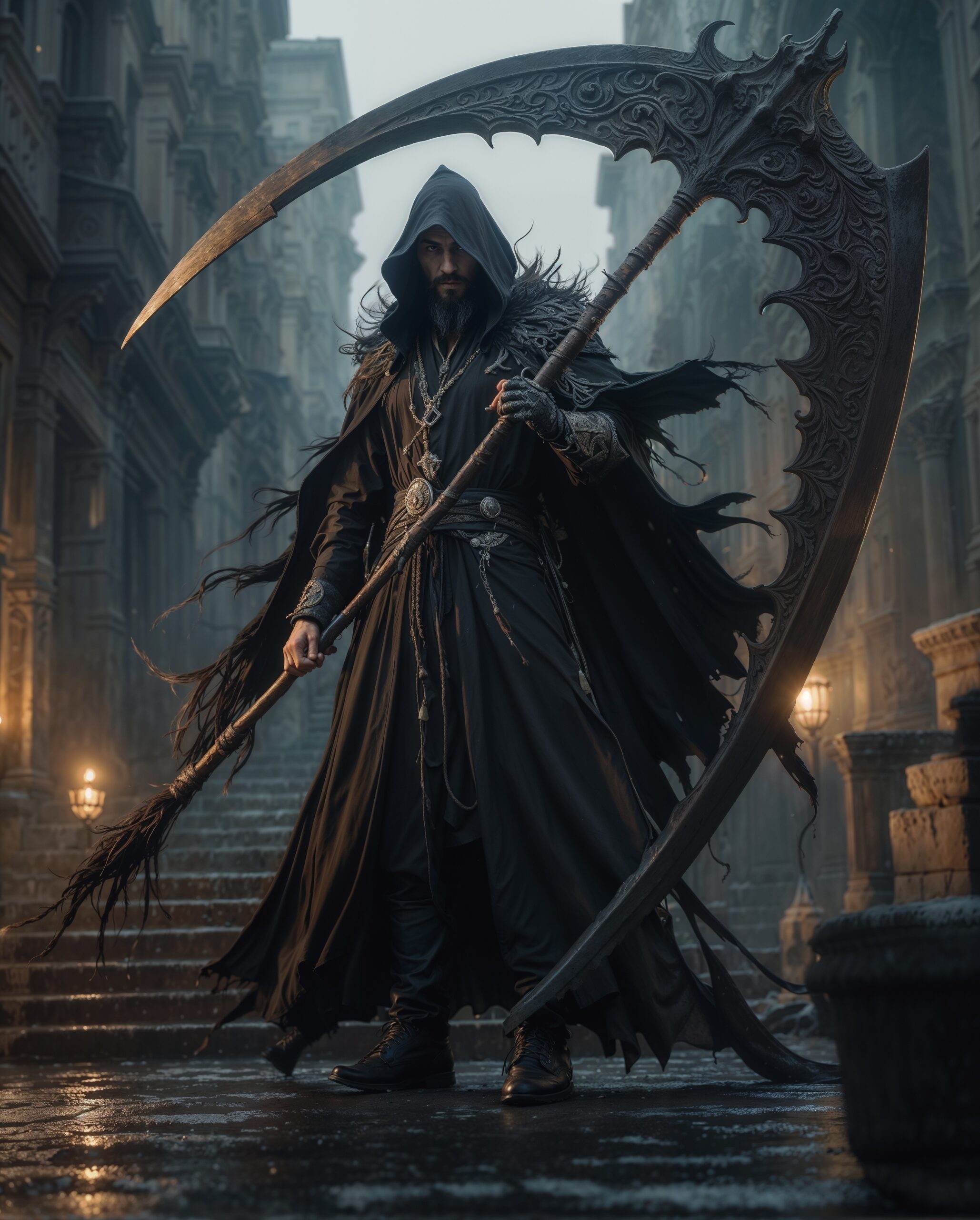 A full body photo shot of a beautiful and breathtaking image of a ((man) ) wearing a fully clothed casual witchy witch clothes with intricate details in the style of a reapers cloak, he is holding a long curved double edged ((scythe) ). This full body image is a one of a kind unique highly detailed with 8k sharp focus quality masterpiece