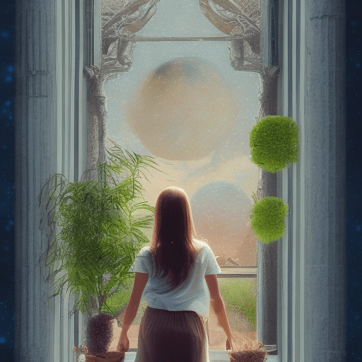 A beautiful girl is looking forward in a building window, half-open, half-faced, wearing glasses, in front of, extreme long shot, pictures of beautiful backgrounds where space plants grow in hyperrealistic, cinematic, rich colors and pastel tones. You have to be symmetrical, creative, and feel like a greek mural, add glittering stars and planets, geometrically, completely left-right symmetrical, the composition, color, and cinematic expression are wes anderson style