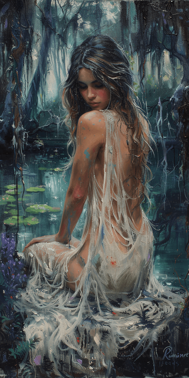 Oil on canvas, impressionist tendencies, painting of a beautiful woman in an ethereal rainforest, expressive brushstrokes, full-body, in the style of fantasy art --ar 1:2 --stylize 750