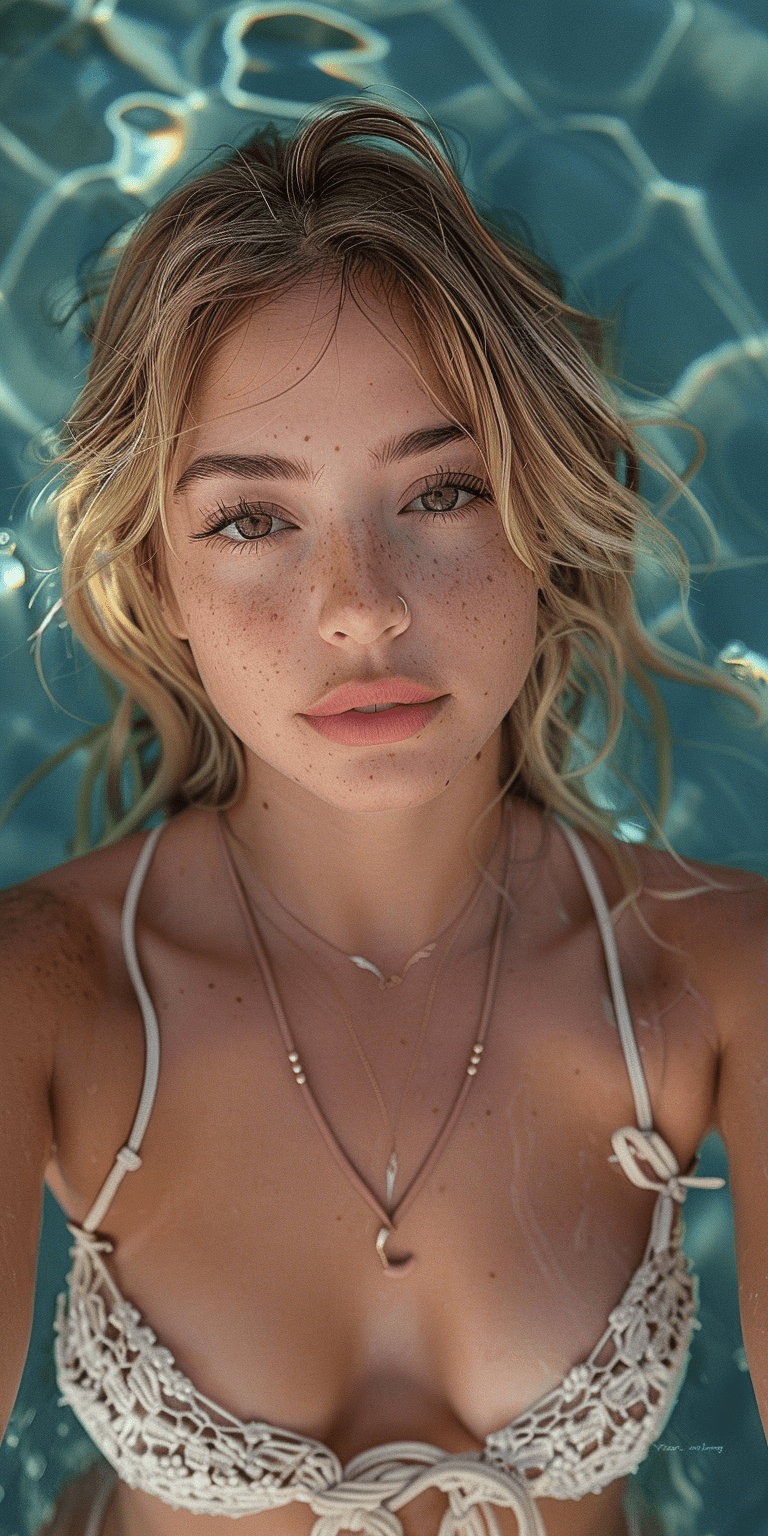 Selfie from below of a beautiful woman in a bikini sitting by a pool, photorealistic, stunning detail, worm-eye view, shot on an iphone 15, looking directly at the camera, slight smile --ar 1:2 --style raw --stylize 750