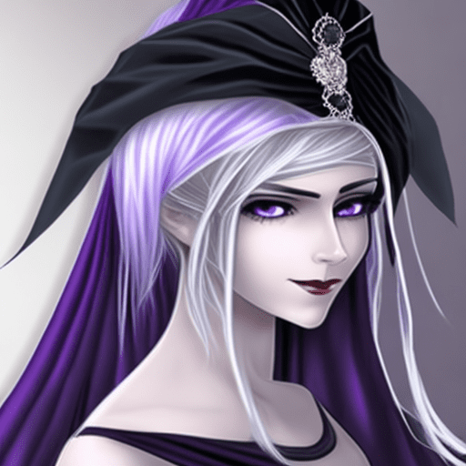 Satella tall, silver hair, woman, purple eyes, black dress, black veil on head
