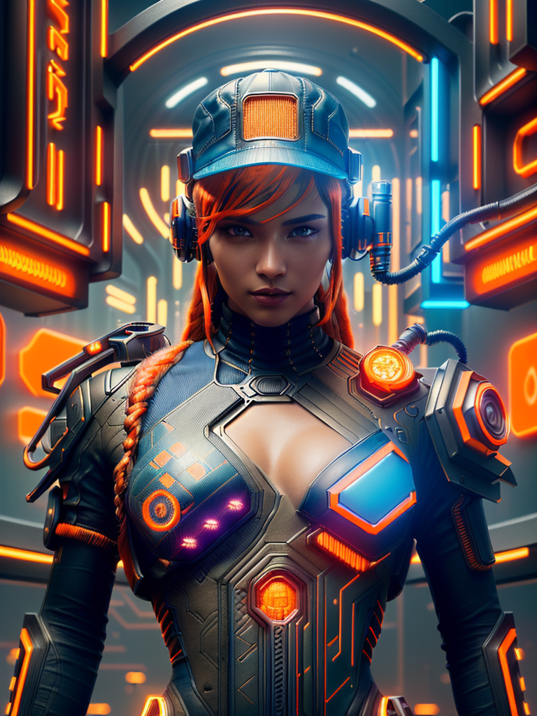 Isometric style (masterpiece, professional work, award winning) , ultra realistic ((high detailed) ), centered, mid shot, ((full body front view) )-- looking toward camera -- ((cyberpunk cap on his head) ), biochemical android steampunk, dynamic pose style: (epic composition, epic proportion, epic fantasy) , cinematic lighting, volumetric lighting, studio lighting, ((neon lights blue and orange) ), ((vibrant colors) ,