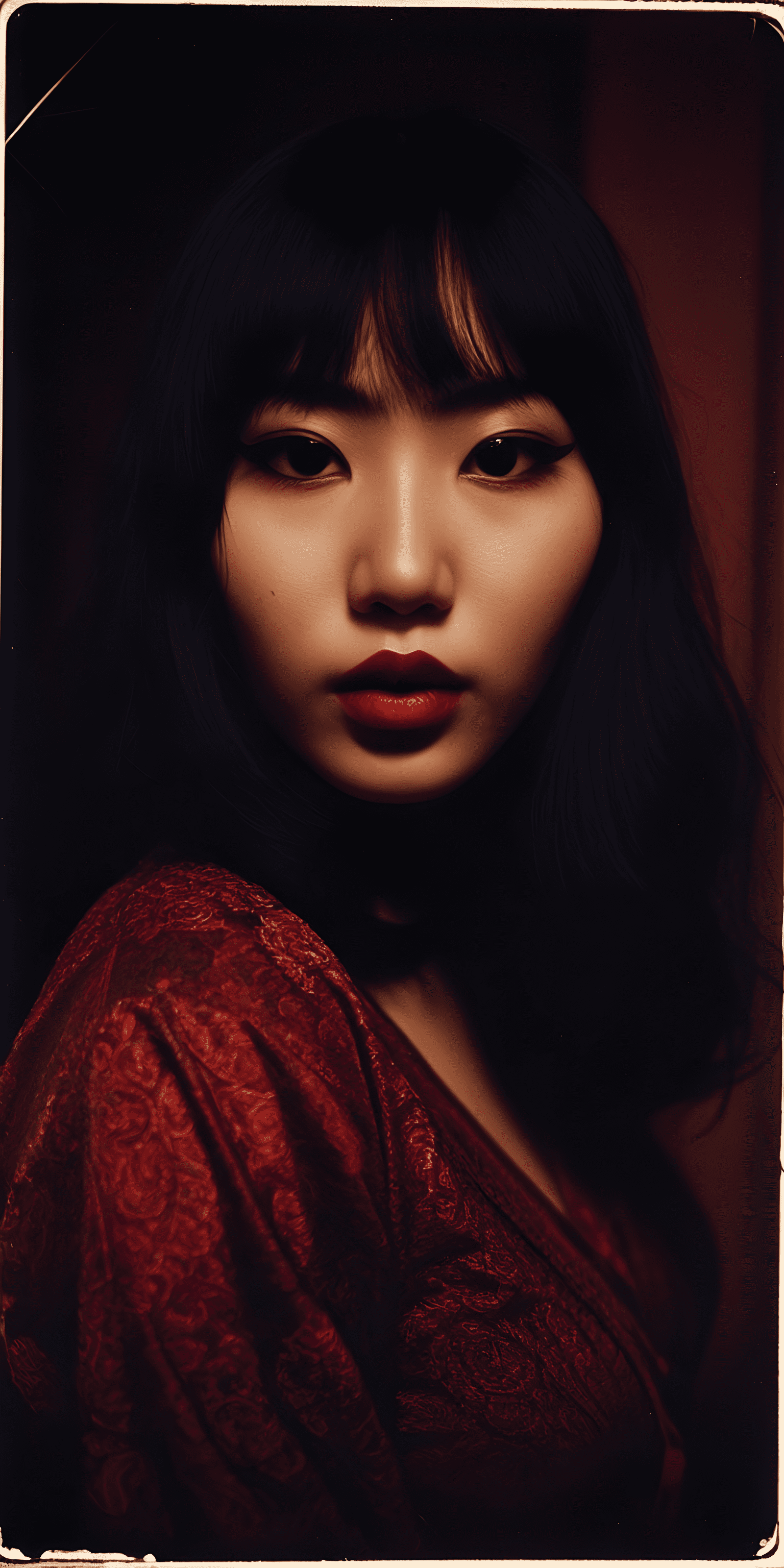 Foocus photograph portrait of a yandere woman, dark and brooding expression, intense gaze, moody lighting, dramatic shadows, intricate linework, hyper detailed, gritty textures, gothic aesthetic, by apollonia saintclair