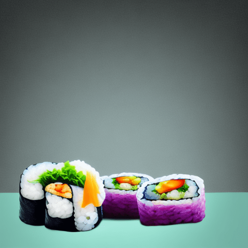 Rolls and sushi floating in the air against a ffcc00 colored background in a minimalistic, high resolution, high detail, hyper realistic, showcasing rice