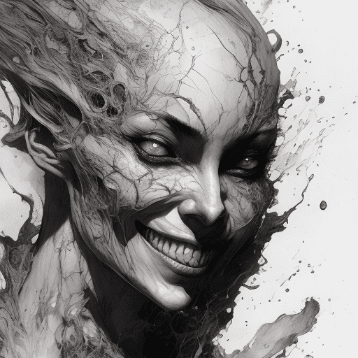 Portrait of a demonic female full body with her skin turning into liquid while she grins, pen and ink, intricate line drawings, by craig mullins, ruan jia, kentaro miura, greg rutkowski, loundraw, dishonored inspired, octane renderer, hq, 8k --ar 1:1
