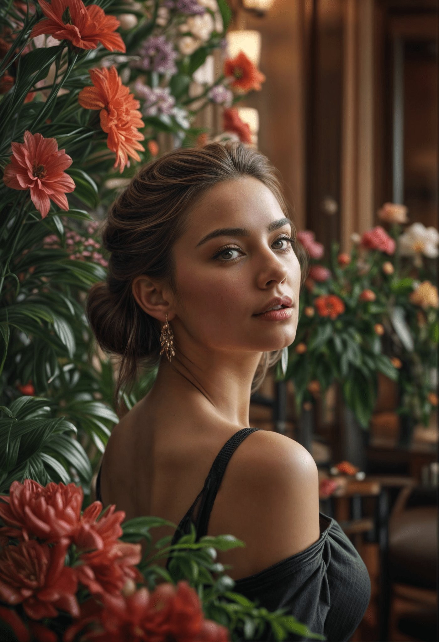 A photorealistic cinematic scene set in a hotel lobby featuring a stunningly elegant woman. The background showcases large, vibrant flowers, creating a beautifully colored and immersive atmosphere. The scene is rendered with incredible depth of field and sharp focus, highlighting the intricate details and textures. Strong contrast enhances the storytelling element, bringing out the ultra-detailed surroundings. Octane rendering ensures every aspect is captured with insane precision and clarity.