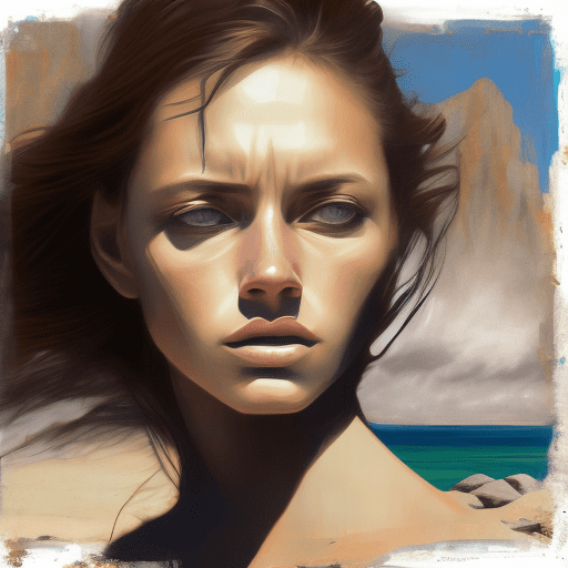 Art by peter holme iii, portrait, dense beach, close up of a stressed capricious futuristic girl, tailor, at bristol, [mountains|flora] , westernpunk, side lighting, mono color