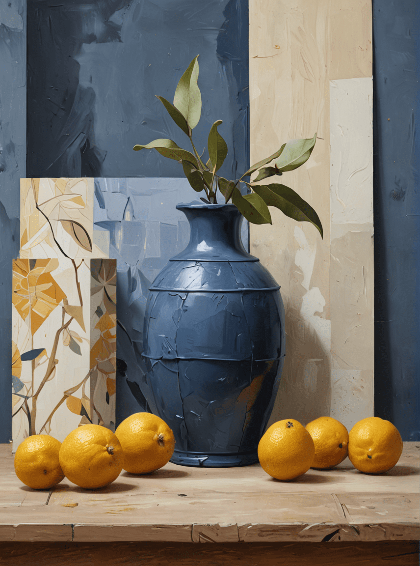 A covered oil painting featuring the provence, blending the styles of guy billout and georges braque and picasso. Capture billout's surreal, minimalist approach with clean lines and subtle yet striking visual elements, and combine it with braque's cubist techniques, characterized by fragmented forms, multiple perspectives, and muted color palettes. The result should be a seamless integration that reflects billout's whimsical, thought-provoking compositions alongside braque's innovative and abstract artistic language. Colorize it in darkblue like eves klein