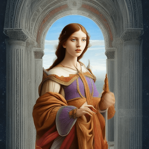 A beautiful girl is looking forward in a renaissance building window, half-open, half-faced, wearing glasses, in front of, extreme long shot, pictures of beautiful backgrounds where space plants grow in hyperrealistic, cinematic, rich colors and pastel tones. You have to be symmetrical, creative, and feel like a greek mural, add glittering stars and planets, geometrically, completely left-right symmetrical, the composition, color, and cinematic expression are wes anderson style