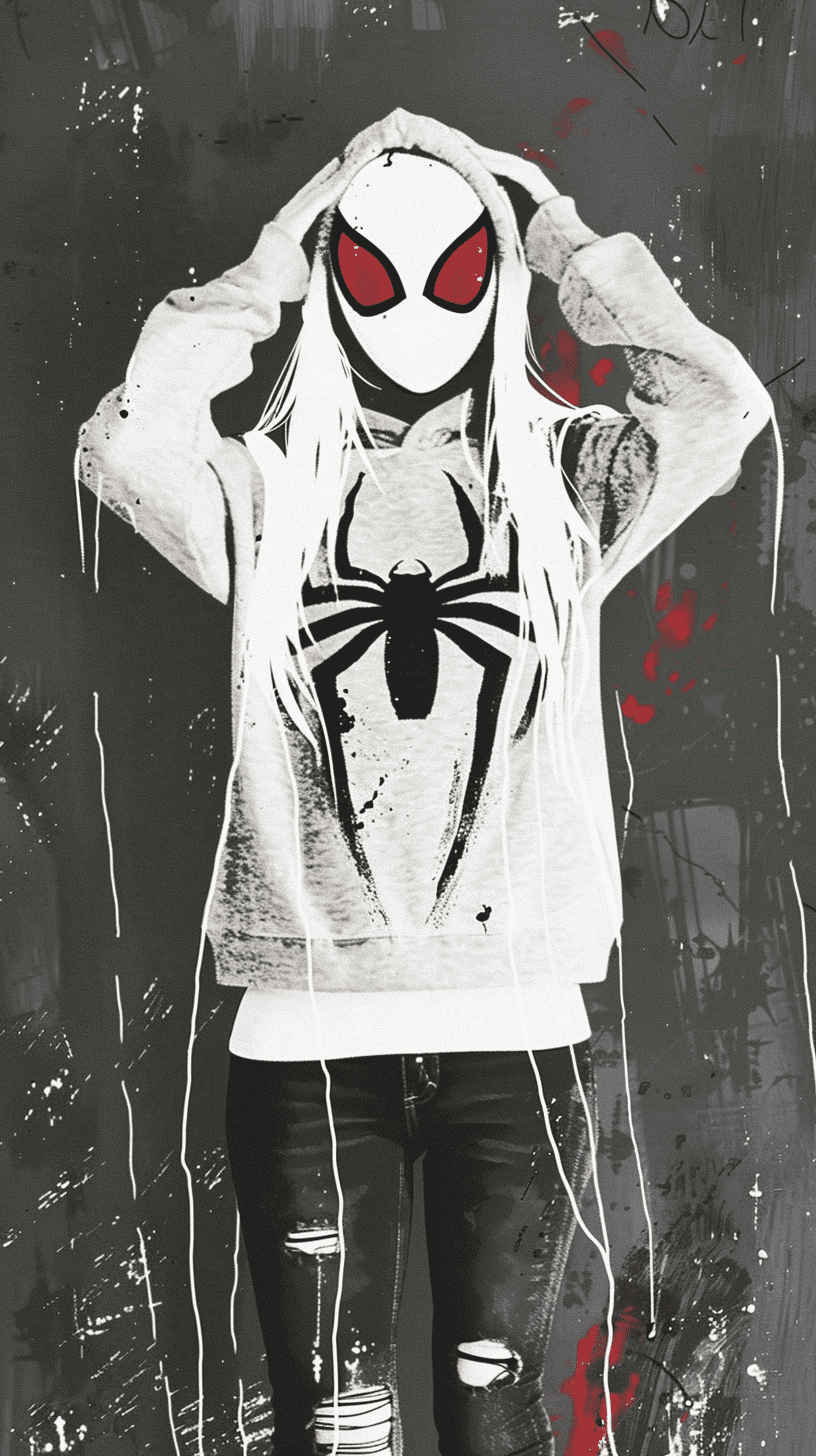 Photorealistic spidergwen wearing a grey sweater with spider silk. She has white skin and long black hair, with two big red eyes on her head in the shape of a simple mask. Her arms are covered in web, holding her hands up to cover her face. It is a full body portrait against a dark background with high contrast and hyper realistic, cinematic lighting, in the style of a photograph. --ar 9:16 --sref 246042294
