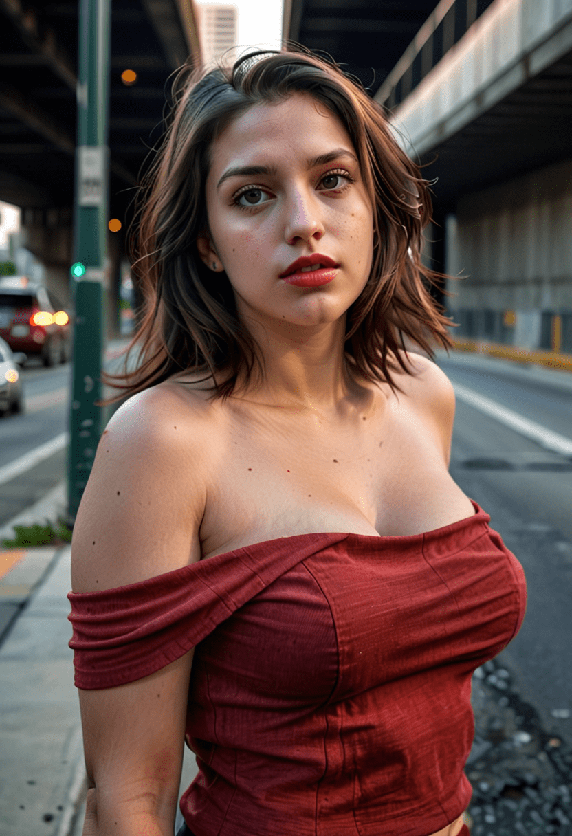 Photograph of a 25 year old busty woman with shoulder length brunette hair, wearing an off the shoulder form-fitting red blouse, slightly turned away from the camera, head tilted slightly, staring attentively at the viewer while standing on a sidewalk of a city street under an overpass, low light, moody, uhd, hdr, hyperreallistic, highly detailed skin