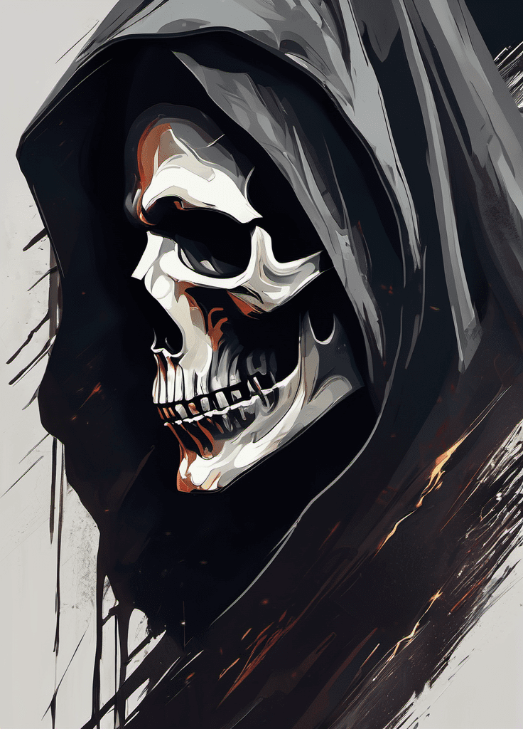 Portrait of a grim reaper, expressionism, gloomy, epic scene, majestic, emotionally profound, horror, dark tones, masterpiece, best quality, high quality, absurdres, dramatic lighting, depth of field, very intricate, unforgettable, digital art style, illustration, painting style