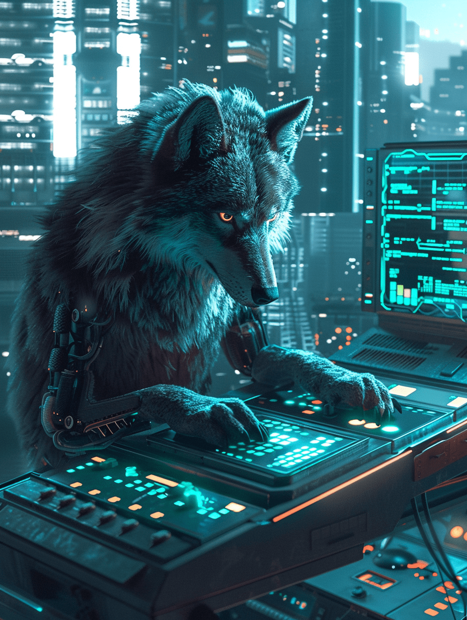 Futuristic digital art, a cybernetic wolf working at a control panel, sleek and high-tech --ar 3:4 --v 6. 0