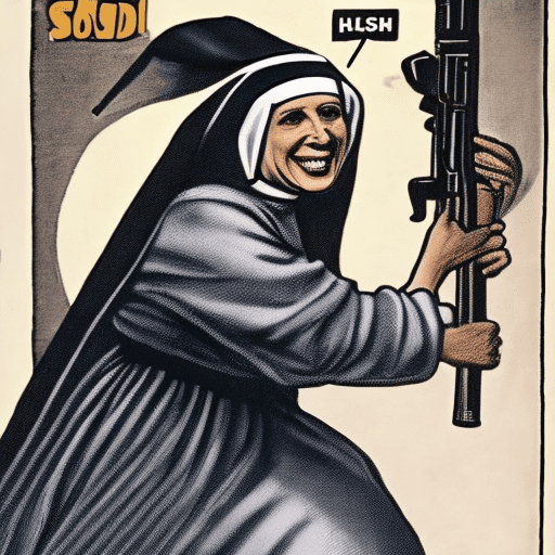 A picture of a nun jumping a giant gun, she smiles too much, like a crazy woman