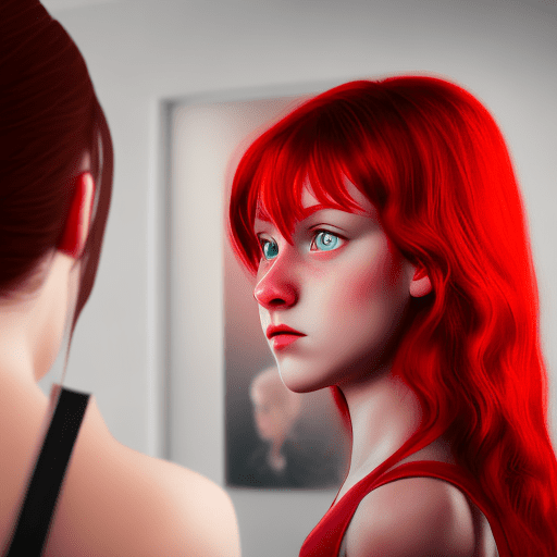 Hyper realistic girl with red eyes and red hair watching in front of picture, 8k