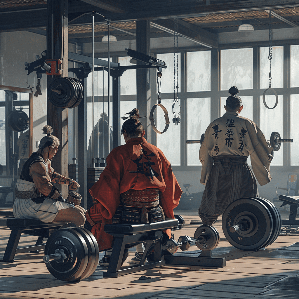In a modern american gym, equipped with modern exercise equipment, samurais are working out. The various samurais wear traditional kimonos, tabi socks, and topknots. Samurais lifting dumbbells, a bench press, and another is doing squats. Ordinal atmosphere of modern gym but samurais inside of gym, photorealistic but surrealistic, shot on imax laser, ultra-realistic