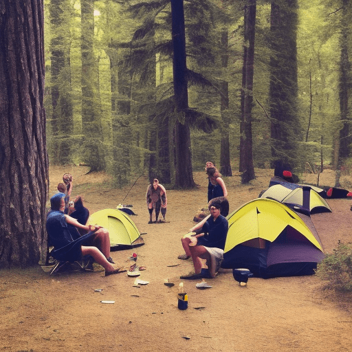 Create an image that reflects the following sentence with sinister undertones: my friends and i went camping in the woods outside of town.