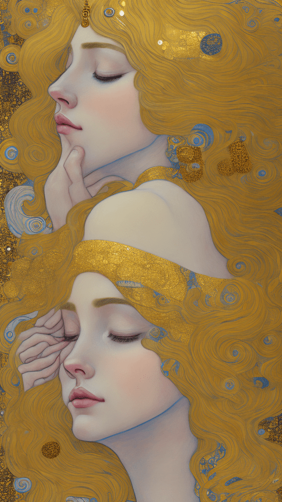 A soft and breathtaking detailed painting of a sleeping blonde princess in the style of gustav klimt, , shiny gold, elegant, highly detailed, artstation, concept art, matte, sharp focus, art by picasso