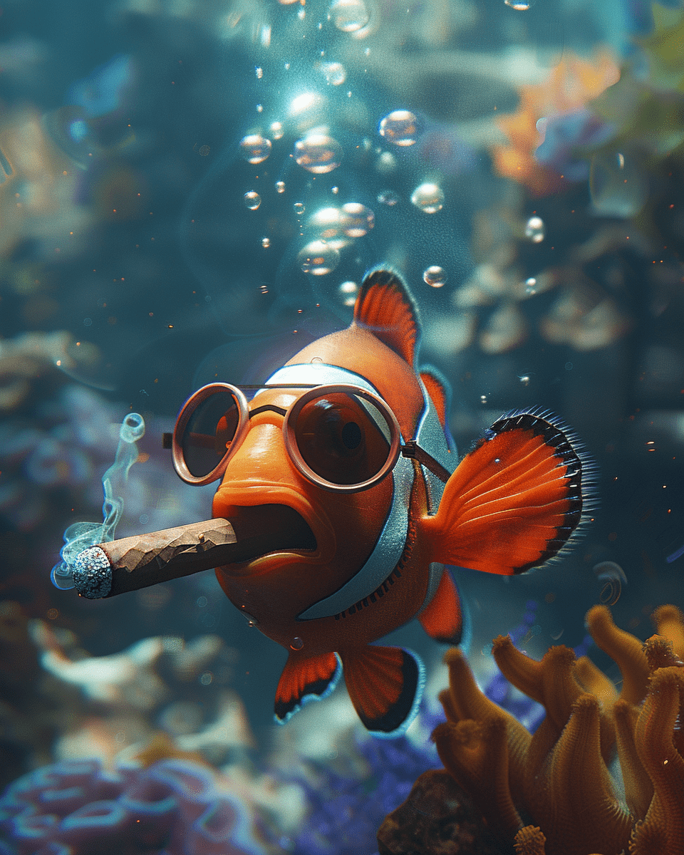 Ultra realistic 3d image clownfish, swimming in the ocean, while smoking a cigar and instead of smoke, bubbles rising. Put sunglasses on your eyes