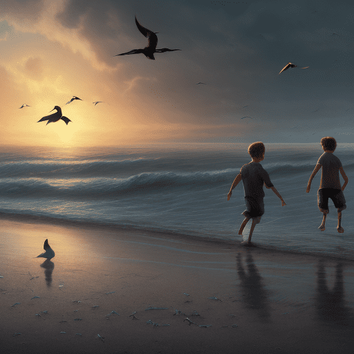 Two boys walking on the beach at dusk come to an old shipwreck laying partly onshore with flying seagulls and pelicans standing on the beach. A masterpiece, 8k resolution, dark fantasy concept art, by greg rutkowski, dynamic lighting, hyperdetailed, intricately detailed, splash screen art, trending on artstation, deep color, unreal engine, volumetric lighting,