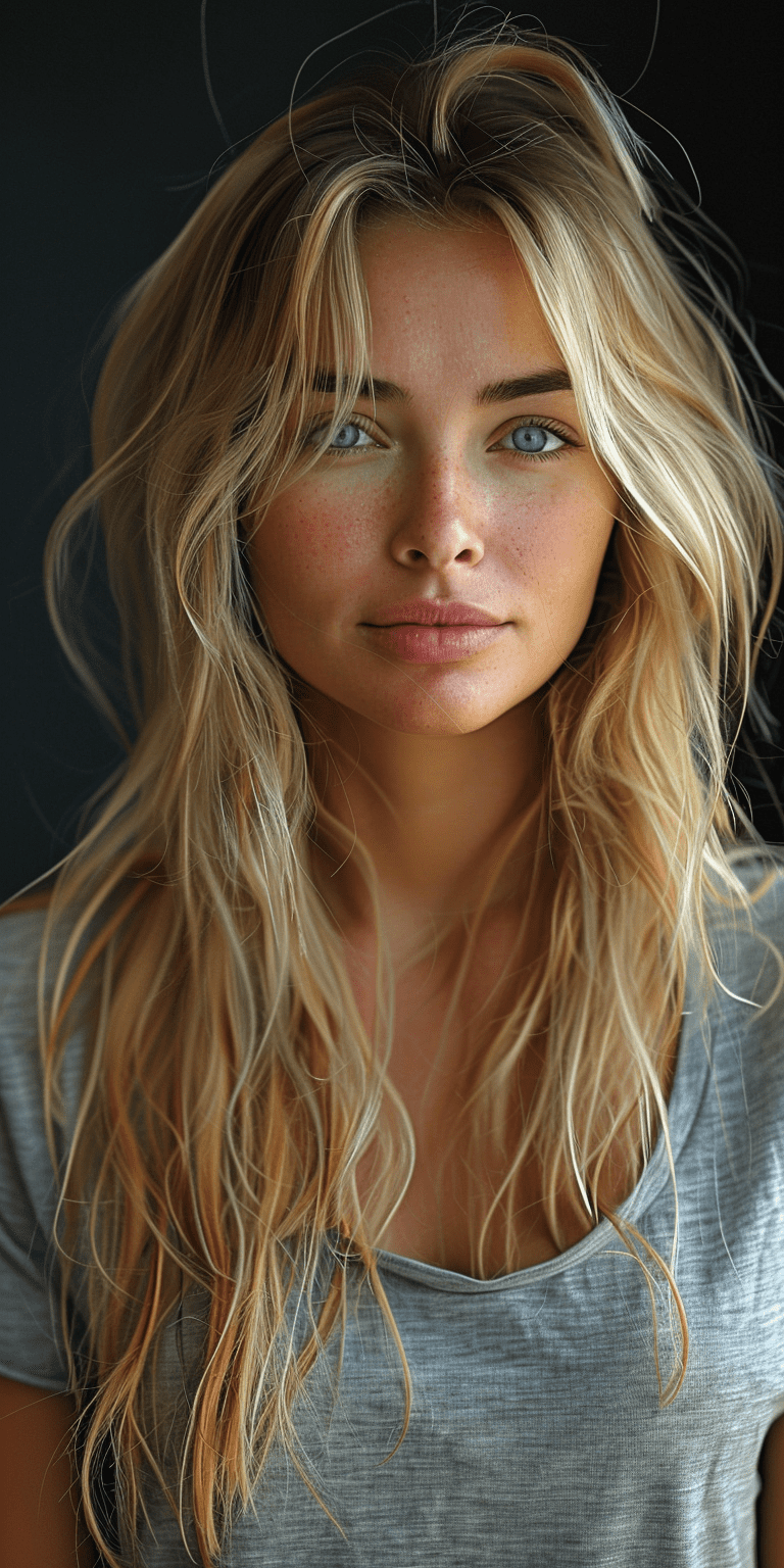 Hyperrealistic photo of a blonde woman with long hair and blue eyes wearing a grey t-shirt, beautiful features, photorealistic, looking straight into the camera lens, slight smile, dark background, dramatic lighting, shot on a canon eos r5 mirrorless camera --no freckles --ar 1:2 --stylize 750