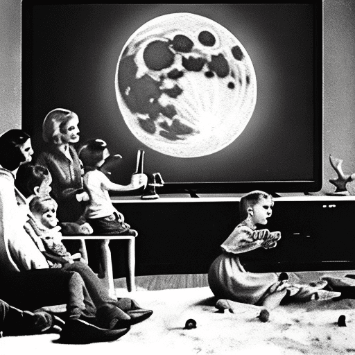 Family gathered in the living room, watching the arrival of man to the moon on the screen of an old black and white tv