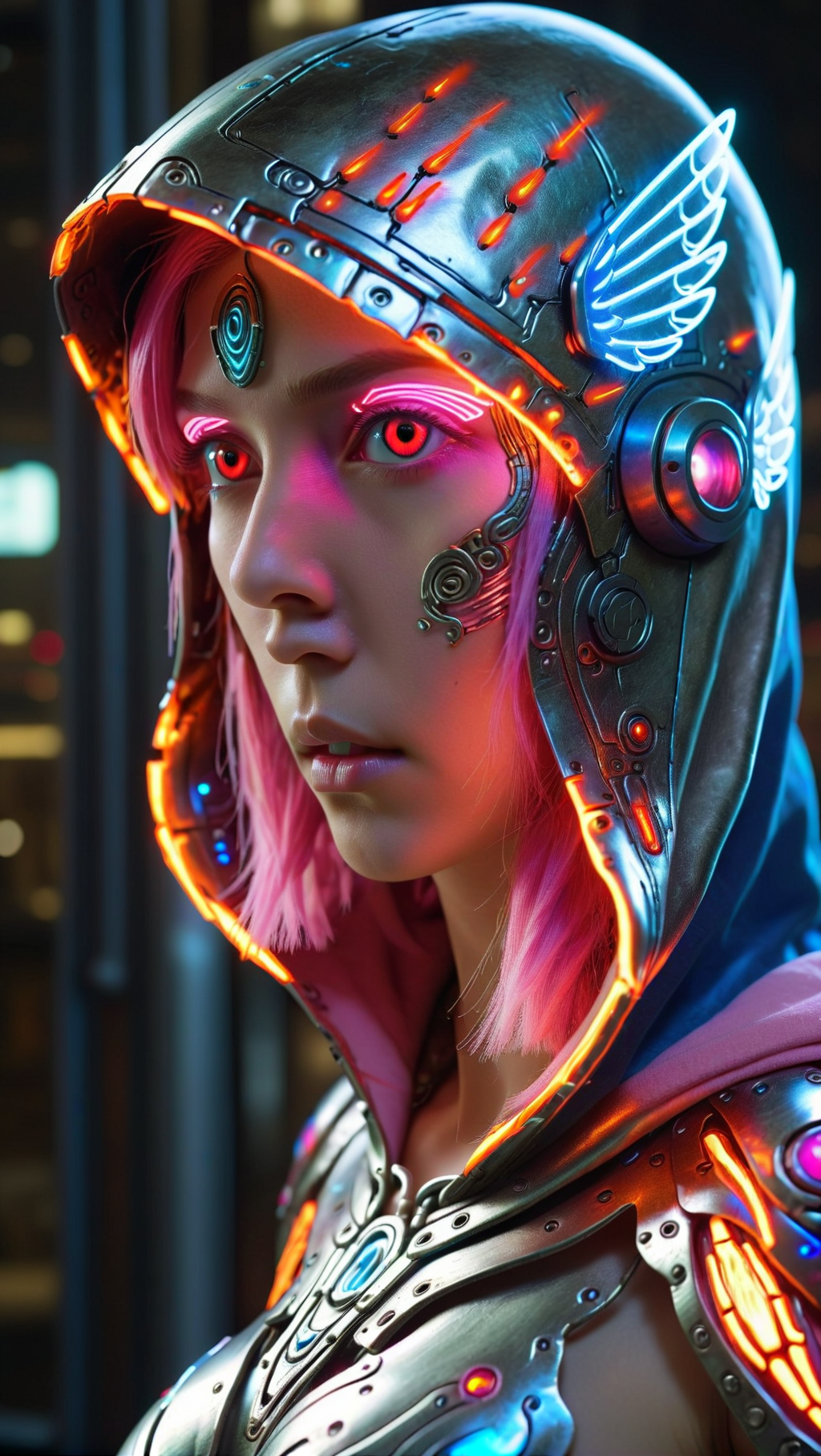 A full character nice dynamic pose in an with all body lines visible ((full large area) ) (ultra-detailed cyborg in a spaceship) ((red eyes in a hood wonderfully detailed ) ), (( having giant transparent and glowing wings (wonderfully detailed) )), with anthropomorphic cybernetic elements on metal armor, particles of light, multi color fairy wings, ((neon multi color hair) ) soft particles of fractal energy, depth of filed, breath of wild, pink orange and blue lines neon lights reflections (wonderfully detailed) (burning lights) , reflection mapping, , intricate design and details, dramatic lighting, hyperrealism, photorealistic, cinematic, 8k --ar 9:16 --v 5 8k --ar 69:121 --s 1000