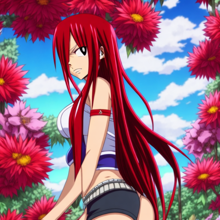 Very hot detailed picture of erza scarlet from fairy tail looking over, crossing her arms wearing tight fitting shirt and pants, the background is a magical world filled with flowers and trees