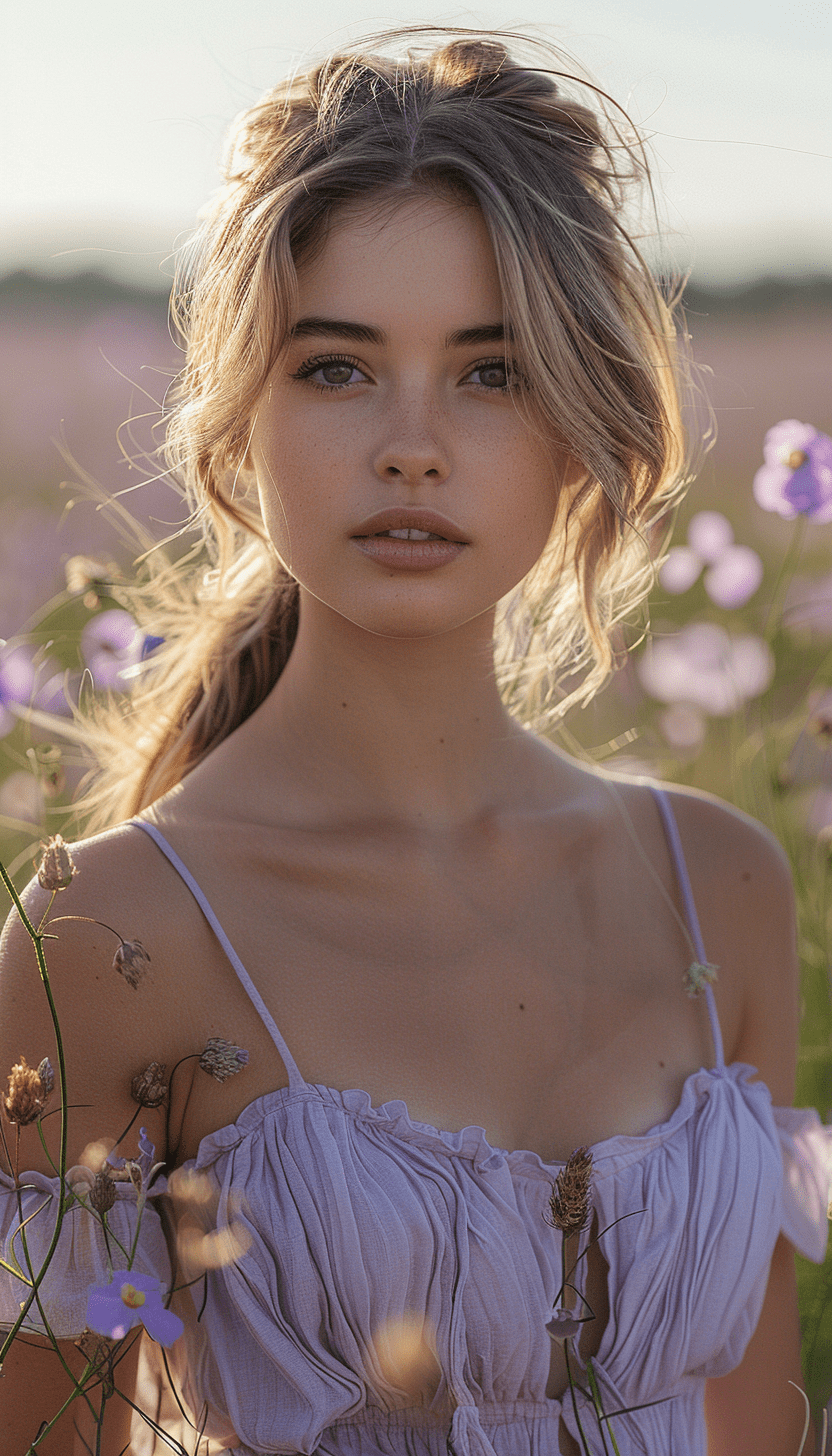 A beautiful girl in a lavender dress, in the middle of a field full of purple flowers, with sunset light, long hair, looking at the camera, portrait photography in the style of professional photograph, soft lighting, pastel colors, a dreamy atmosphere, an elegant pose, high resolution. --ar 73:128 --stylize 750