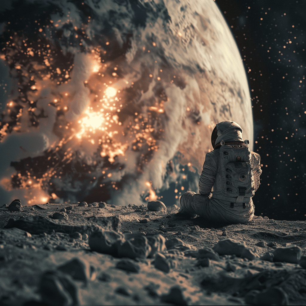 Man with spacesuit on the moon, looking at the earth, earth explodes beautifully, top angle, cinematic