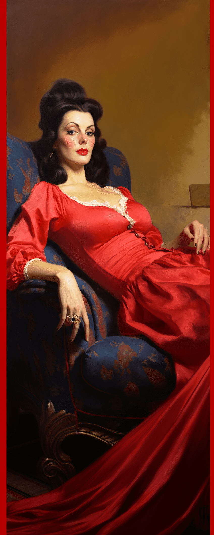 Vintage painting of a brunette woman in a red top lounging, in the style of frank frazetta and gil elvgren --v 5. 2 --ar 53:132