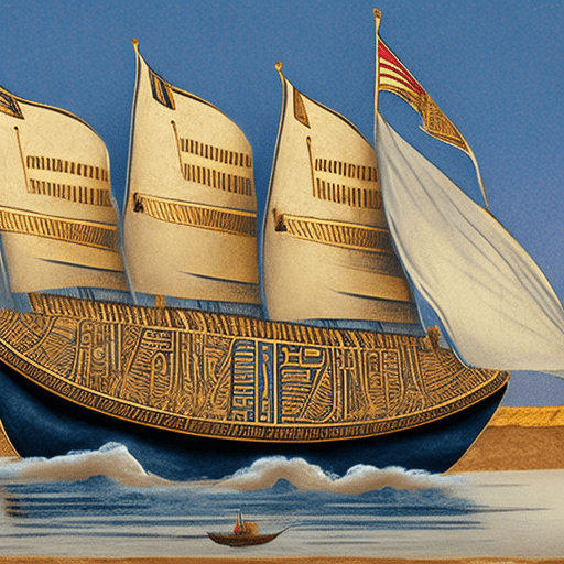An ancient egyptian-themed ship sails down the river. On board is a director, indicating the direction ahead, and several workers, symbolizing the team working together to achieve business dreams. The ship is decorated with traditional egyptian elements, such as hieroglyphs and sphinx statues. "