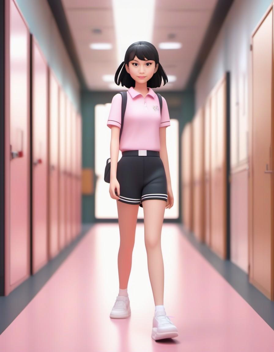 3d anime, pixar, disney, young girl wearing pink shirt and black short pant and white sneaker, walking on school coridor